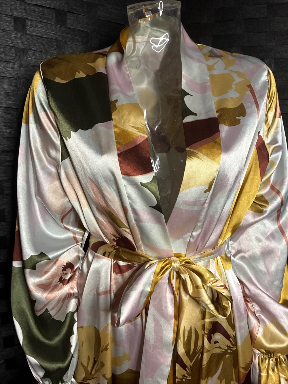 Floral Satin Wrap Maxi Robe - Pink & Mustard - Picture 5 of 8